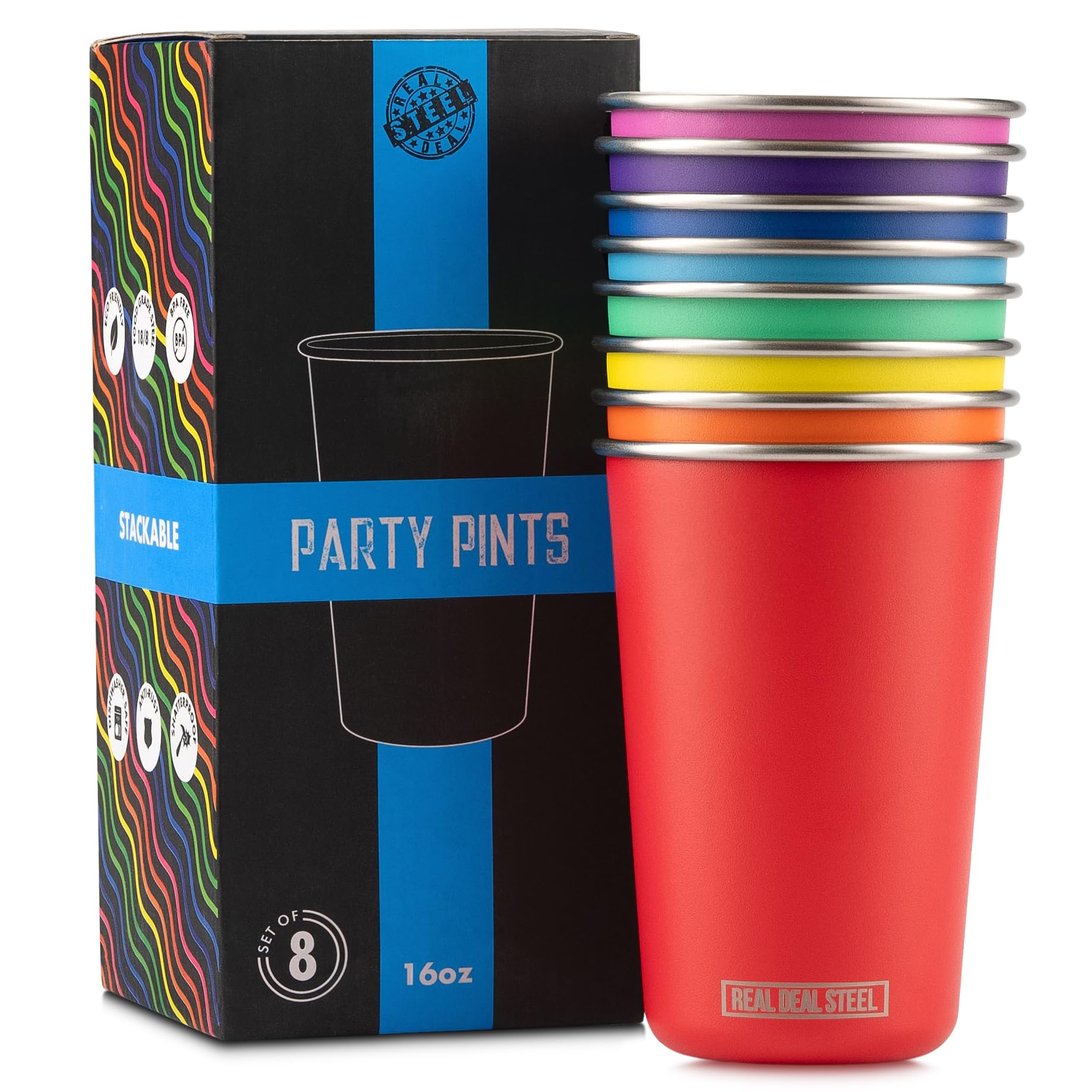 Photo 1 of Real Deal Steel Rainbow Cups 16 oz Pint Cups, Stackable Tumblerrs, Eco Friendly Premium Metal Drinking Glasses