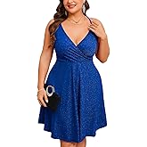 ZOMVA Plus Size 0X-4X Sparkly Glitter Sleeveless Aline Mini Dress Sparkle Wrap Spaghetti Strap Sexy Dress Cocktail Party Club