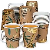 DYLIVeS Animal Birthday Paper Cups, Jungle Safari Disposable Cups Zoo Wild Woodland Summer Tropical Cups Brown and Gold Foil Drink Cups Kids Party Cups for Birthday Party Supplies, 9 OZ, 50 Count