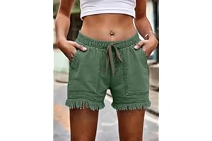 Women Jean Shorts with Pockets Elastic Waist Drawstring Denim Shorts Summer Casual Raw Hem Distressed Jeans