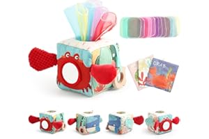 Macabaka Baby Tissue Box Toy, Montessori Baby Toys for 6-12 Months with Wooden Teething Ring, Crinkle Paper, Silk Scarves, Baby Safety Mirror, Perfect Early Learning Baby Gift