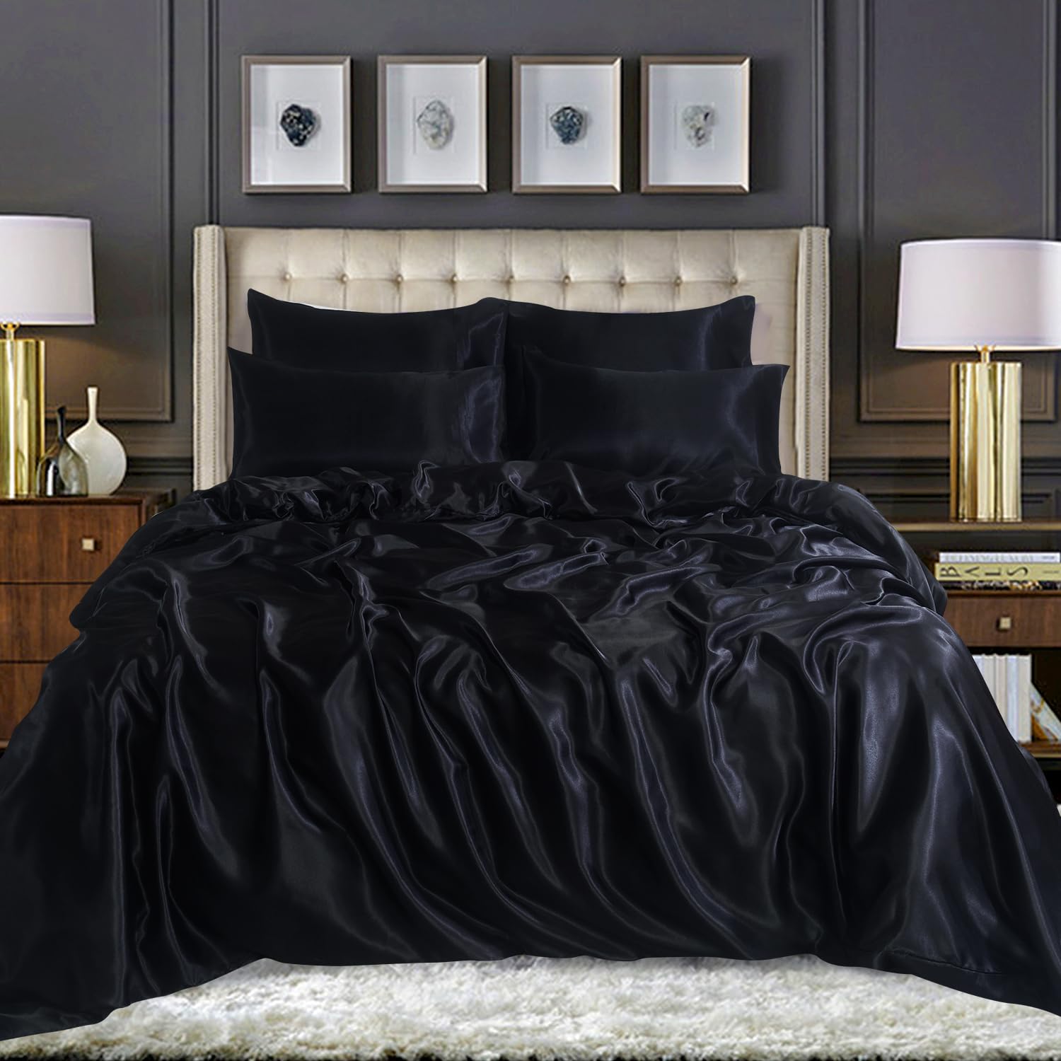 WEAVERS: Luxurious 6-Piece Silky Satin Bedding Set, Smooth & Glossy Finish, Includes Reversible Zipped Duvet Cover, 1 Fitted Sheet, and 4 Pillowcases. (Colour Black Size Single)