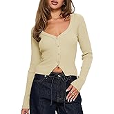 Women Button Up Fitted Cardigan Long Sleeve V Neck Cami Shirt Y2k Ribbed Crop Tops
