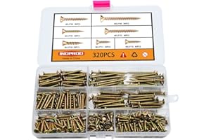 Indprod M3.5 Flat Head Wood Screws Assortment Kit 320 Pcs,Phillips Drive Countersunk Flat Head Self-Tapping Wood Screws,Yellow Zinc Plated Finish Screw Kit,Self Tapping Drywall Screws for Metal
