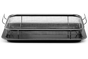 HONGBAKE Air Fryer Pan with Basket for Oven, Nonstick Bakeware Sets, Air Fry Crisper Tray with Baking Pan, Wide Edge 2 Pieces, 14 X 10.2inch, Gray