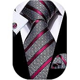 Barry.Wang Tie Sets for Men Silk Stripe Necktie Woven Checkered Handkerchief Cufflinks Formal Business Wedding
