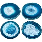 Natural Geode Coaster for Drinks, Set of 4 Clouded Agate Coasters for Coffee Table Decor, 3.5-4” Crystalline Stone Costers Agate Slices Glass Cups Holder for Home Office Housewarming Gift (Blue)