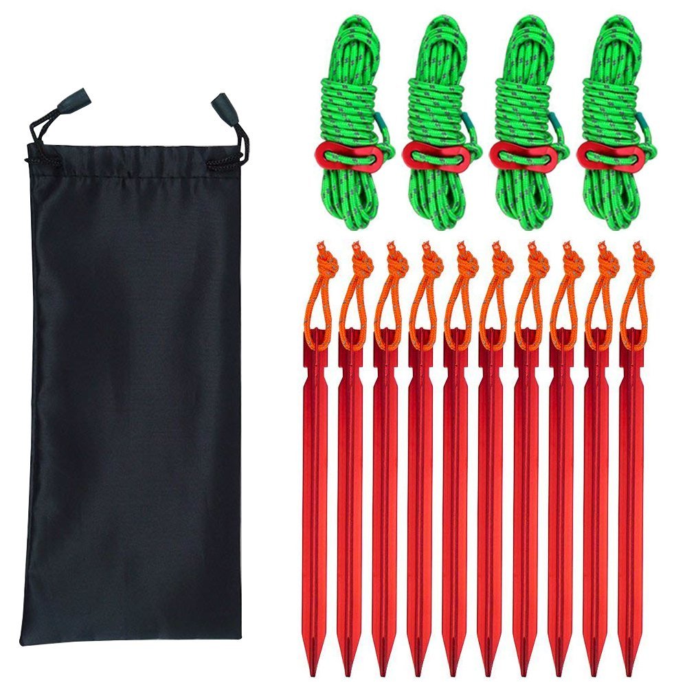 SourceTon Outdoors Tent Stakes Pegs, 10 Pack Tent Stakes and 4 Pack 4mm Reflective Guy Lines with Cord Adjustment & Pouch, Premium 7" Nail Spike Garden Stakes Camping Pegs for Pitching Camping Tent