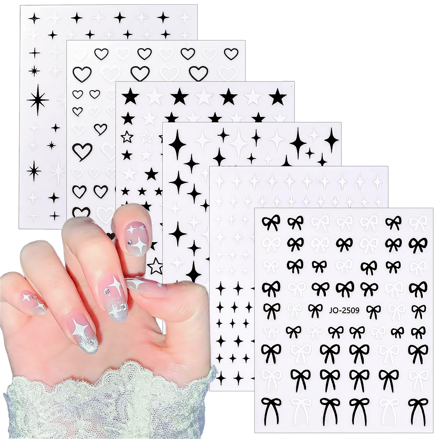 CHANGAR 6 Sheets Starlight Nail Stickers Black White Star Bow Heart Nail Decals Bowknot Nail Design Starlight Nail Supplies for Women Manicure Nail Decoration Accessories