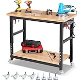 ENJOYWOOD Workbench with Wheels 48 Inch Adjustable Height Work Table with Under Table Shelf, Pegboard, Power Outlets Work Bench for Garage, Home, Office, Workshop