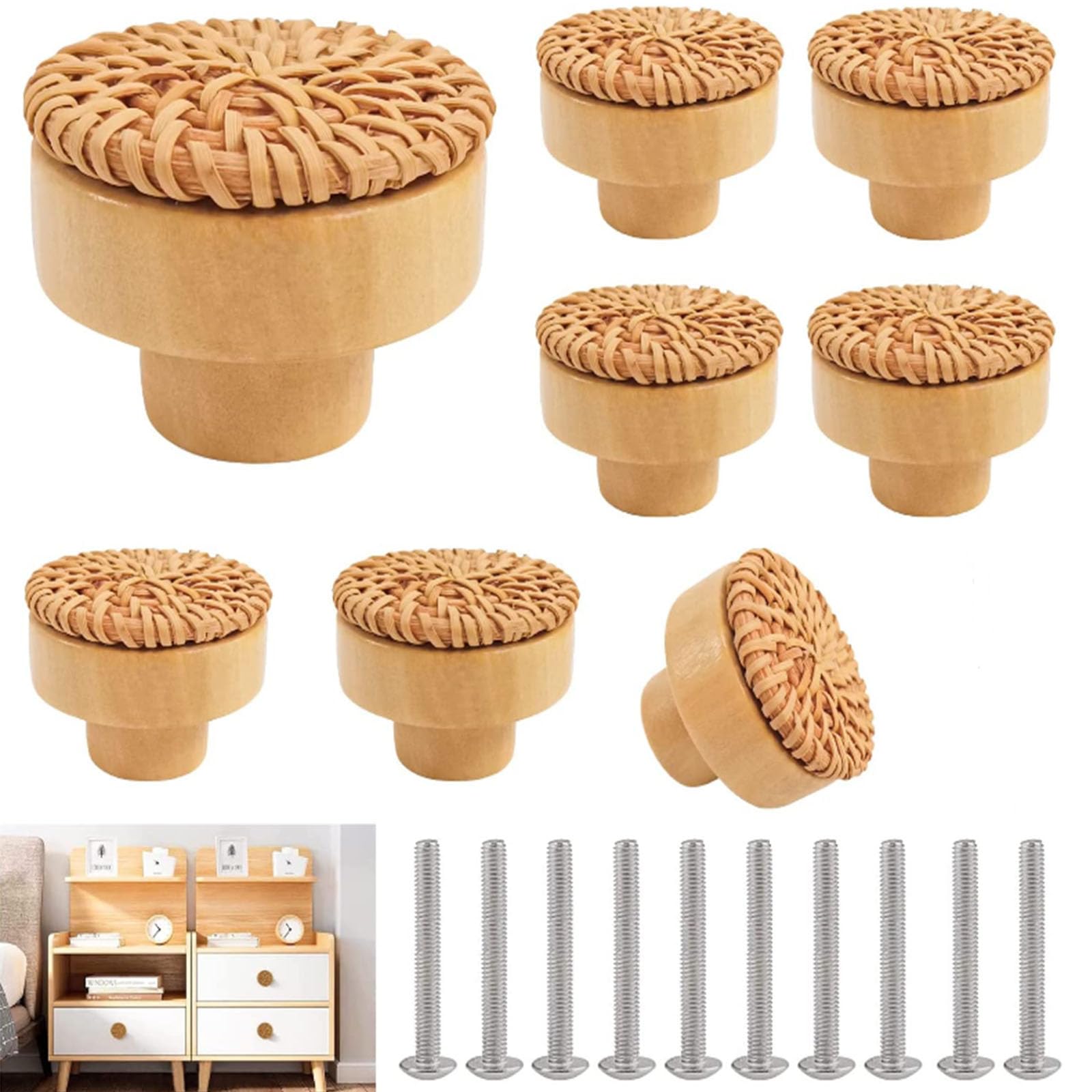 RUNEAY Rattan Cabinet Knobs, Pack of 8, 40 mm, Wooden Boho Handles, Natural Finish, Ambidextrous, Round Shape, Unfinished, Brown