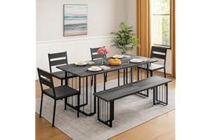 DWVO 63 Inch Dining Table Set for 6-8 People 6-Piece Large Kitchen Table Set with 2 Benches and 4 Chairs Farmhouse Rectangular Dining Room Table for Kitchen Dining Room Apartment Dark Grey