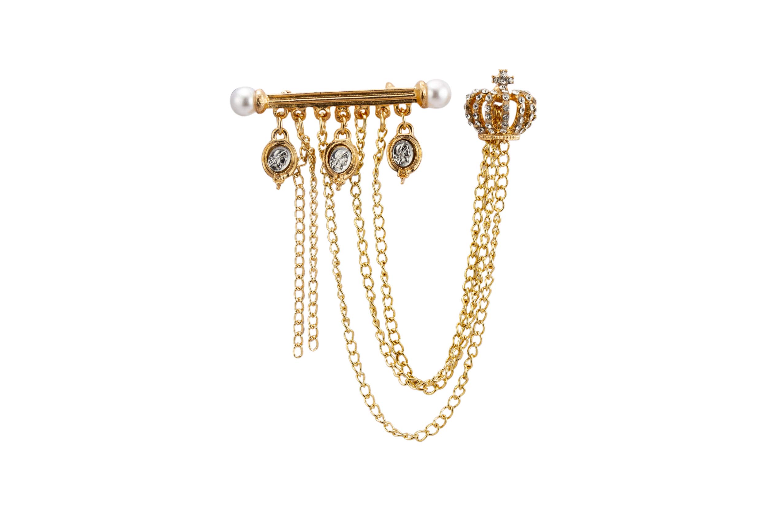 Brooch Lapel Pin for Men Gold Crown with Hanging Chains and Pearl Ending Gold Bar Detailing Lapel Pin Badge Coat Suit Wedding Gift Party Shirt Collar Accessories