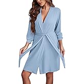 Ekouaer Womens Knee Length Knit Robes Lightweight Bathrobe 3/4 Sleeve Sleepwear Comfy Soft Bathrobe V Neck Petite Female Robe with Pockets Light Blue M
