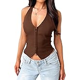 UNCOOYEE Women's Sexy Halter V Neck Tank Top Summer Sleeveless Trendy Vest Club Date Night Going Out Tops