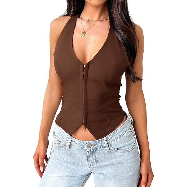 Milumia Women's Ruffle Trim V-Neck Halter Top - Ruched Fitted Crop Tank, Sleeveless Backless
