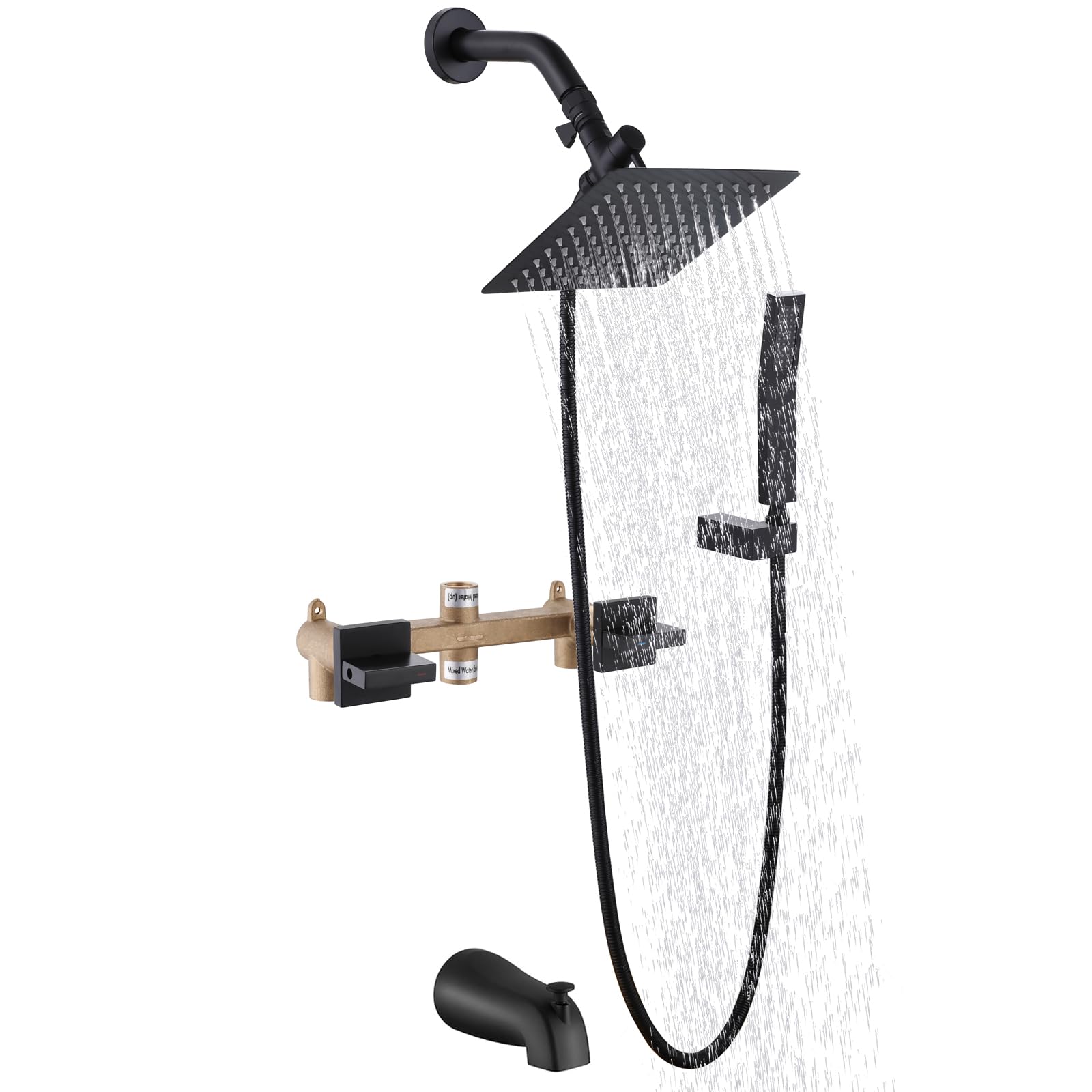Photo 1 of FSCEPIXI 2 Handles Shower Faucet Set with Tub Spout Bathtub Shower Faucet Combo Set Shower System Complete Tub and Shower Trim Kit Matte Black