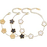 FUNIO Four Leaf Clover Bracelet Set for Women - 3Pcs 18K Gold Plated Flower Lucky 4 Leaf Link Bracelet Jewelry Gift for Women Van Cleef