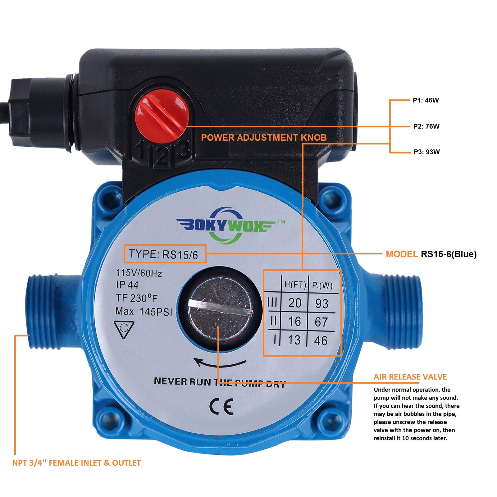 110V NPT3/4'' Domestic Hot Water Circulation Pump 3-Speed Hot Water Recirculating Pump 93W Circulator Pump for Solar Heater/Faucet(RS15/6B) Blue