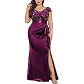 MISSMAY Women's Plus Size V Neck Sequin Lace with Satin Ruffle Trim Slit Mermaid Hem Evening Party Fomal Dress