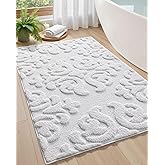 DEXI Bathroom Rug 17x30, Non Slip Washable Bath Mat for Shower Floor, Absorbent Soft Bathmat with Rubber Backing, Plush Fluffy Microfiber Floral Retro Carpet, White