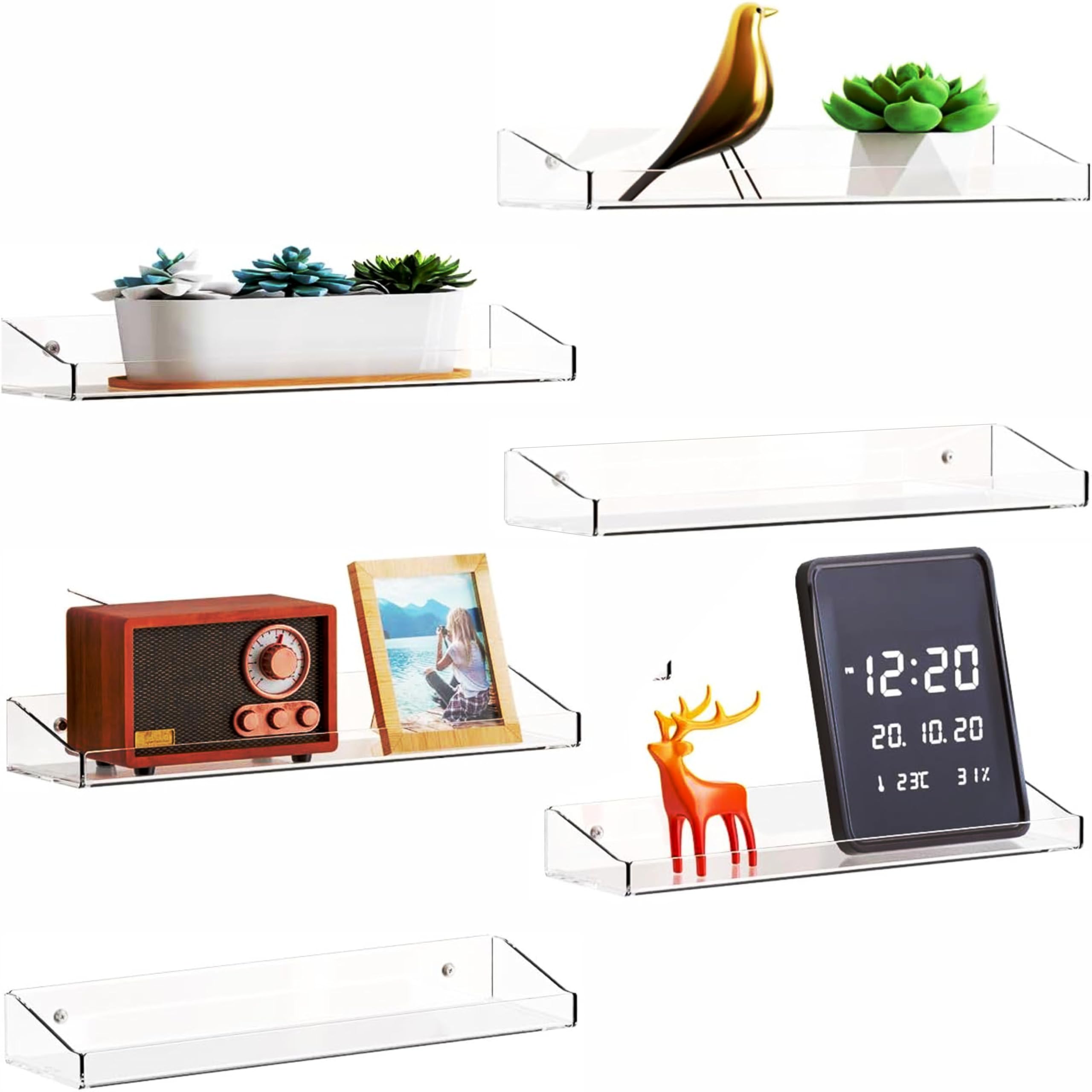 Photo 1 of Yieach Clear Acrylic Shelves With Adhesive,4Pack No Drilling Bathroom Wall Shlef,Room Decor and Wall Storage,15" Floating Shelves for Lego,Action Figure,Makeup,Vinyl Record,Perfume,Invisible Bookshelf