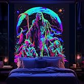 Blacklight Skull Tapestry, Trippy UV Grim Reaper Skeleton Poster, Gothic Sun Moon Tapestry for Bedroom, Neon Vertical Wall Hanging for Men Living Room Dorm Decor 40X60IN