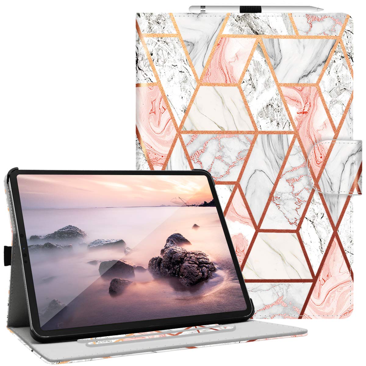 Fingic for Pad Pro Case, 2022/2021/2020/2018 Model,iPad Air 5th Generation 2022 Case,Marble Rose Gold Slim Fit Shockproof Pencil Holder Auto Wake/Sleep Magnetic Protective Cover,11-Inch