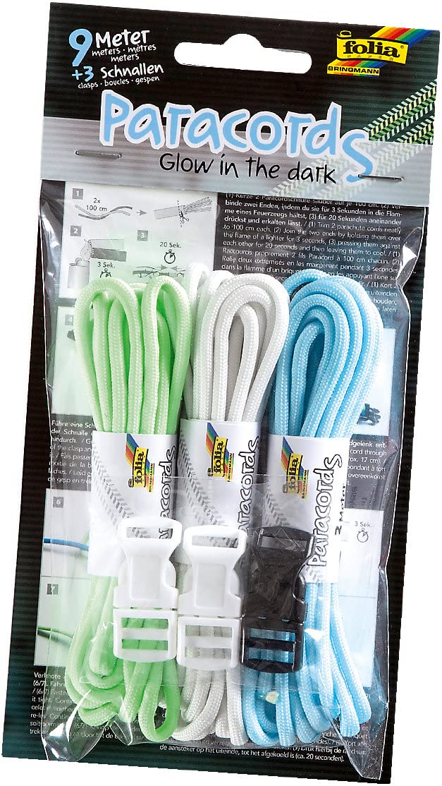 folia 83399 Paracord Set Glow in the Dark 3 m Cords and 3 Clasps Ideal for Creating Bracelets