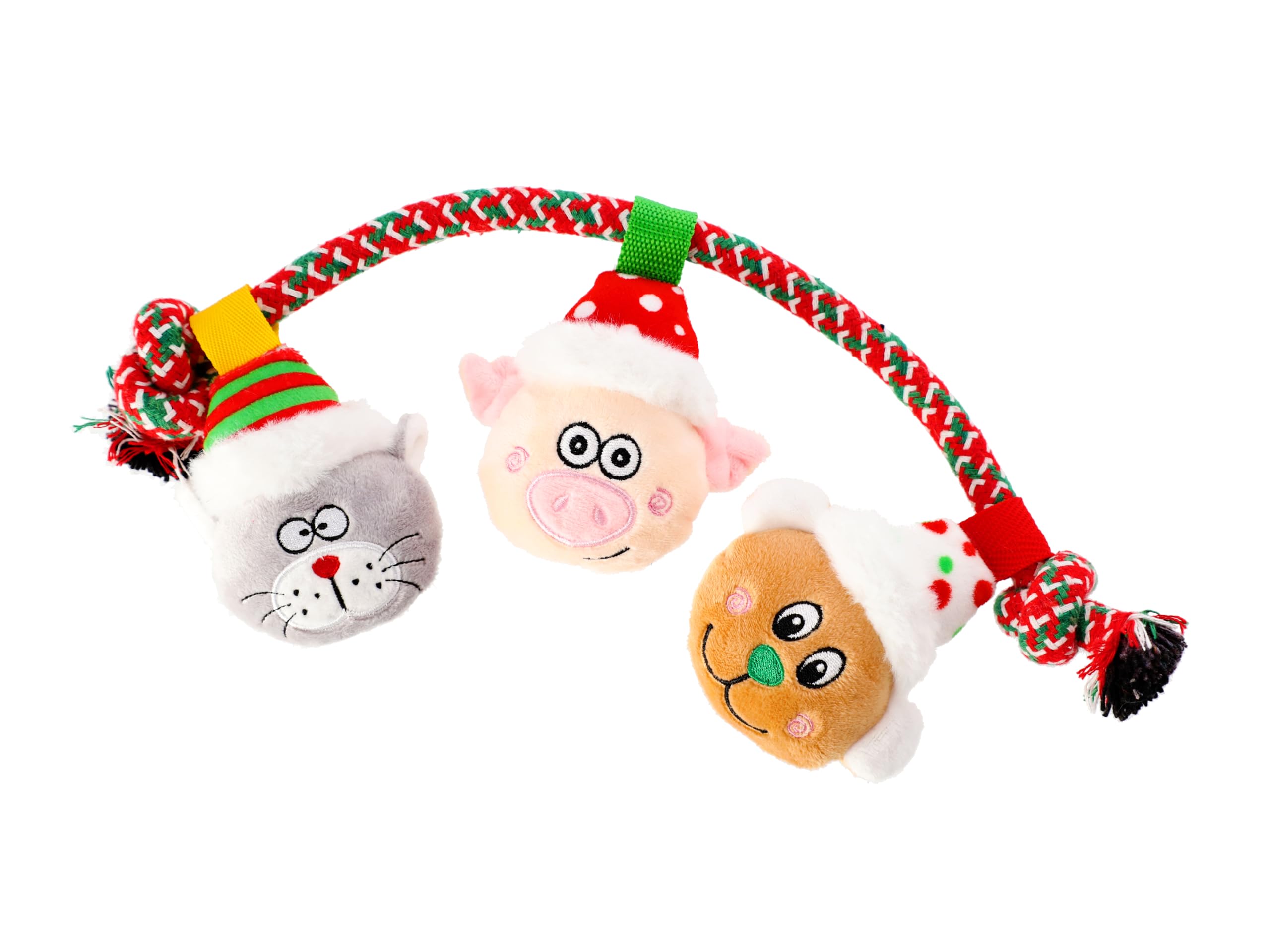 DINGO Rope Dog Toy with 3 Plush Animals and Sewn-in Squeaker, Funny for Dog Training, Tug of War, Fetch, Play, 34 cm Long, Multicolor 17479