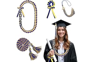 ATCCPYDM Graduation Ribbon Lei Class of 2025 Handmade Braided Necklace Honor Cord with Tassel Grad Lei Kit for Graduate Women Men High School College Grad Party Supplies(Blue+Gold)