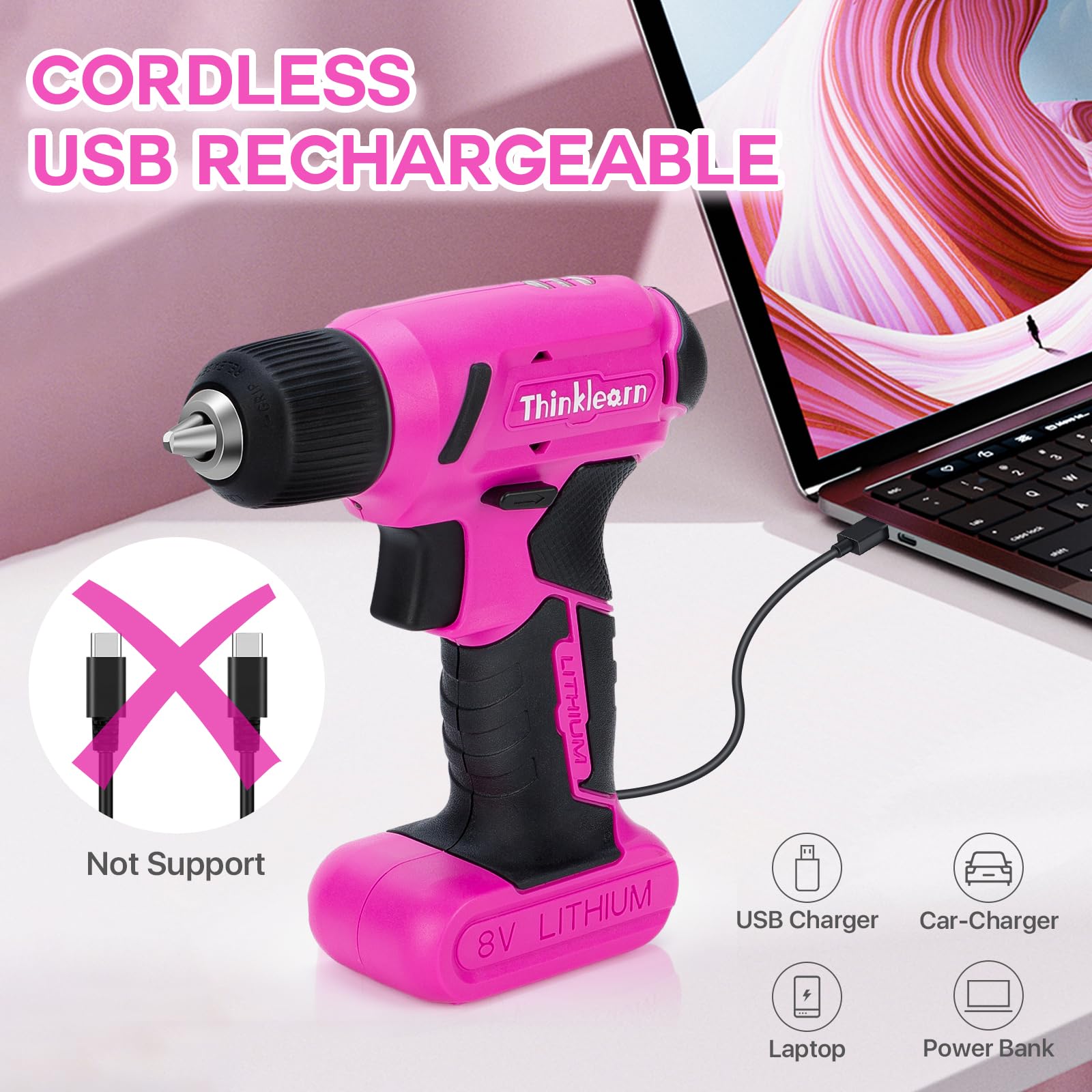 8V Pink Cordless Drill Set, 64 Pcs Pink Power Drill Tool Kit for Women, 3/8