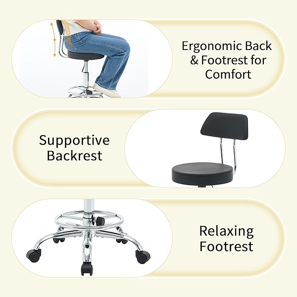 FIRAVOE ROLLING STOOL WITH BACK,ADJUSTABLE HEIGHT FOOT REST ROLLING SALON CHAIR 19.5″-26.6″,BLACK ERGONOMIC STOOL (BLACK)