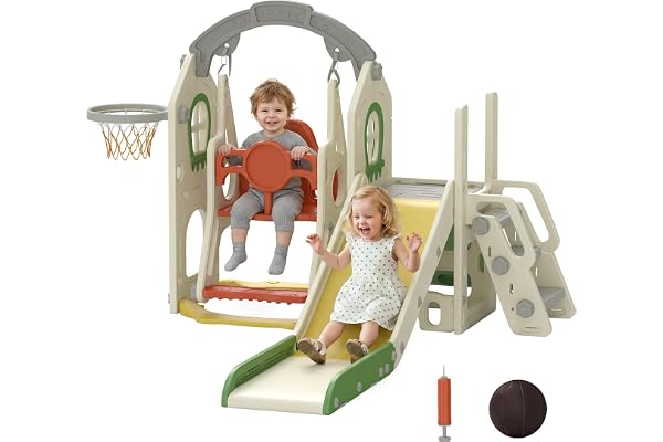 Qaba 6-in-1 Toddler Slide and Swing Set with Adjustable Swing Seat, Ladder, Climbing Wall, Basketball Hoop and Storage Space,