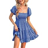 Veatzaer Women's Puff Sleeve Square Neck Smocked Babydoll Dress Boho Floral Print Off Shoulder Ruffle Mini Short Dress