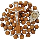 TALISMAN4U Olive Wood Rosary Beads Catholic Necklace with Jordan River Holy Water Medal Jerusalem Cross Crucifix Religious Gift