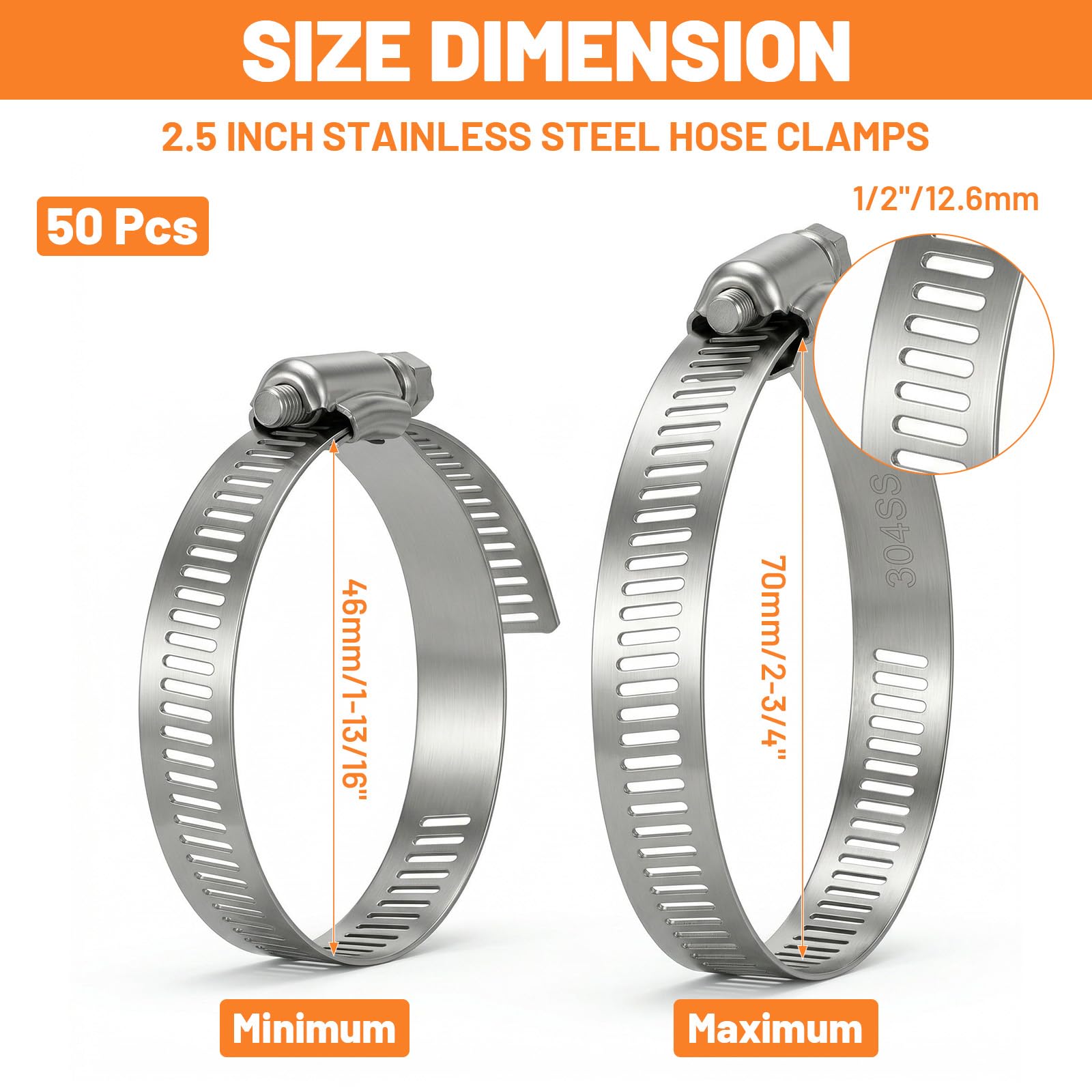 Condition photo showing New/Like New for 50 pcs stainless steel hose clamp adjustable 1-13/16" to 2-3/4" 46-70 mm worm gear hose clamp, metal