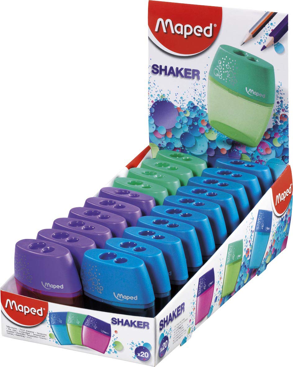Maped Shaker 2 Hole Canister Pencil Sharpener, Pack of 20, Assorted Colors (534755)