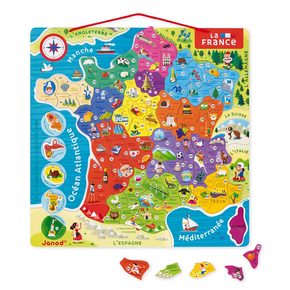 Janod - Magnetic Map of France Puzzle - 93 Magnets - Children's Puzzle - Discover and Memorize - Educational Game - From 7 Years Old, J05480