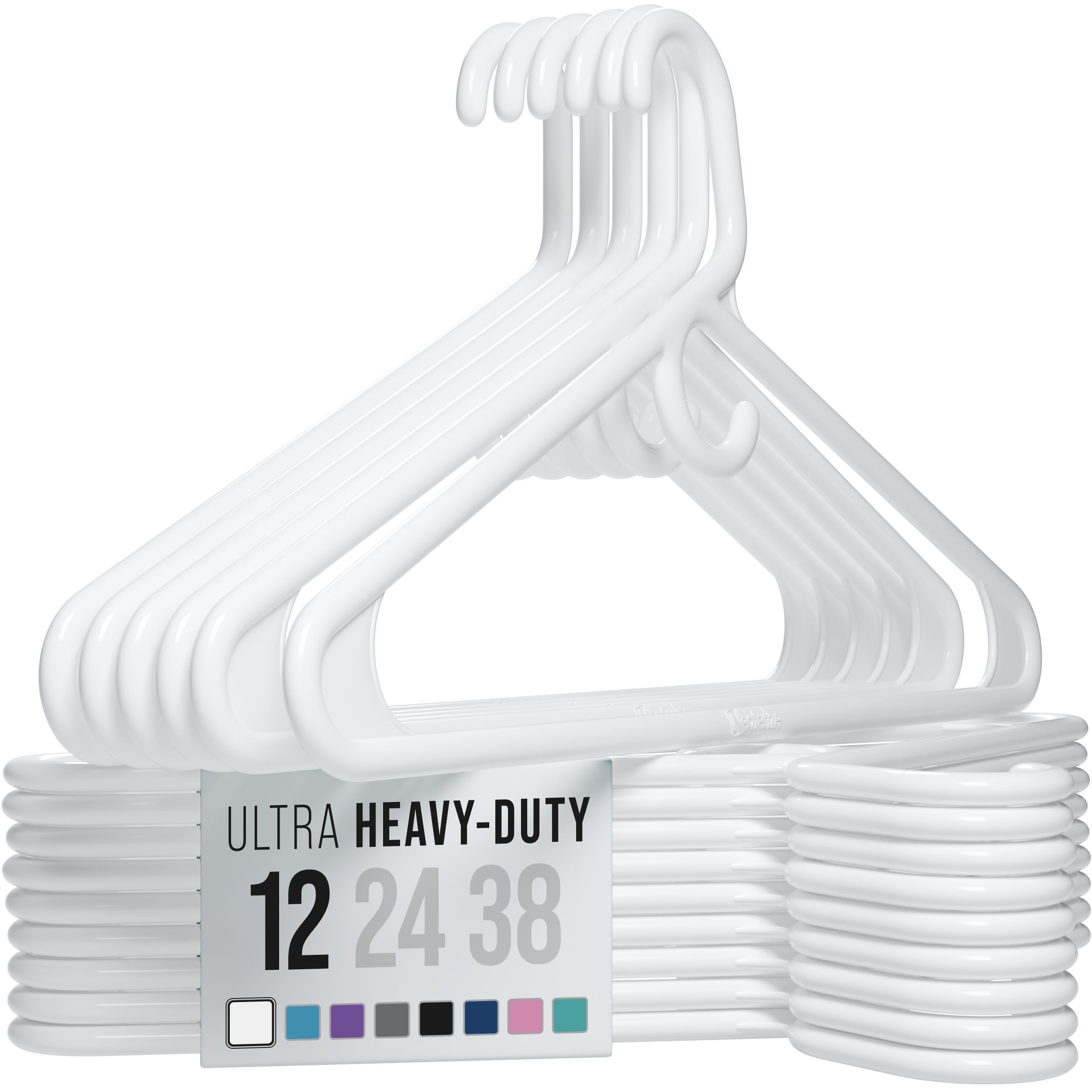NEATERIZE Thick Heavy Duty Hangers - White Plastic Clothes Hangers 12 Pack - Great for Coat Hanger, Jackets Jeans & Suit Hanger for Closet - New Apartment Essentials Percheros Ganchos para Colgar Ropa