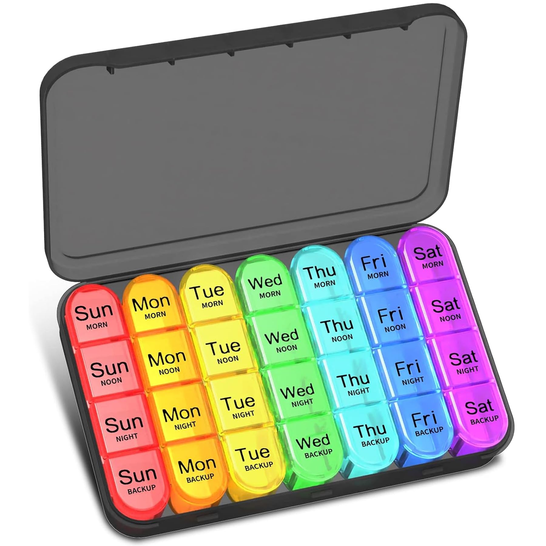 Pill Box Organiser 4 Times a Day, Betife Weekly Pill Boxes, 7 Day Tablet Organiser, Daily Pill Dispenser 7 Day 4 Compartments, Tablet Box for Medication, Vitamins and Supplements (Black)