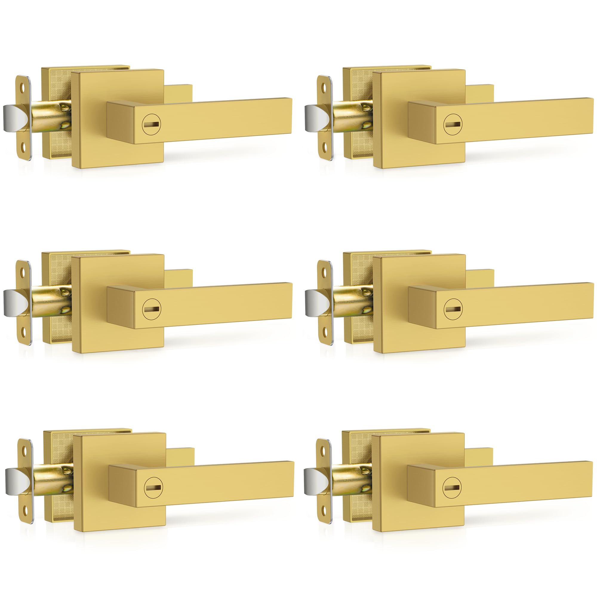Photo 1 of Plustool 6 Pack Brushed Gold Door Handles, Interior Door Knob Heavy Duty, Flat Square Privacy Door Locks, Keyless Door Leverset for Bedroom and Bathroom