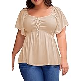 Eytino Plus Size Tops for Women Sweetheart Neck Short Sleeve Peplum Blouse Summer Loose Babydoll Shirts(1X-5X)
