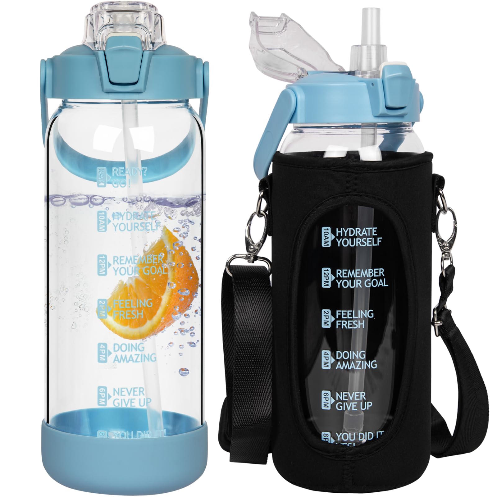 Seekua 1.5l Glass Water Bottle with Straw & Motivational Time Markings 1.5 litre Large Leakproof Gym Drinking Bottle