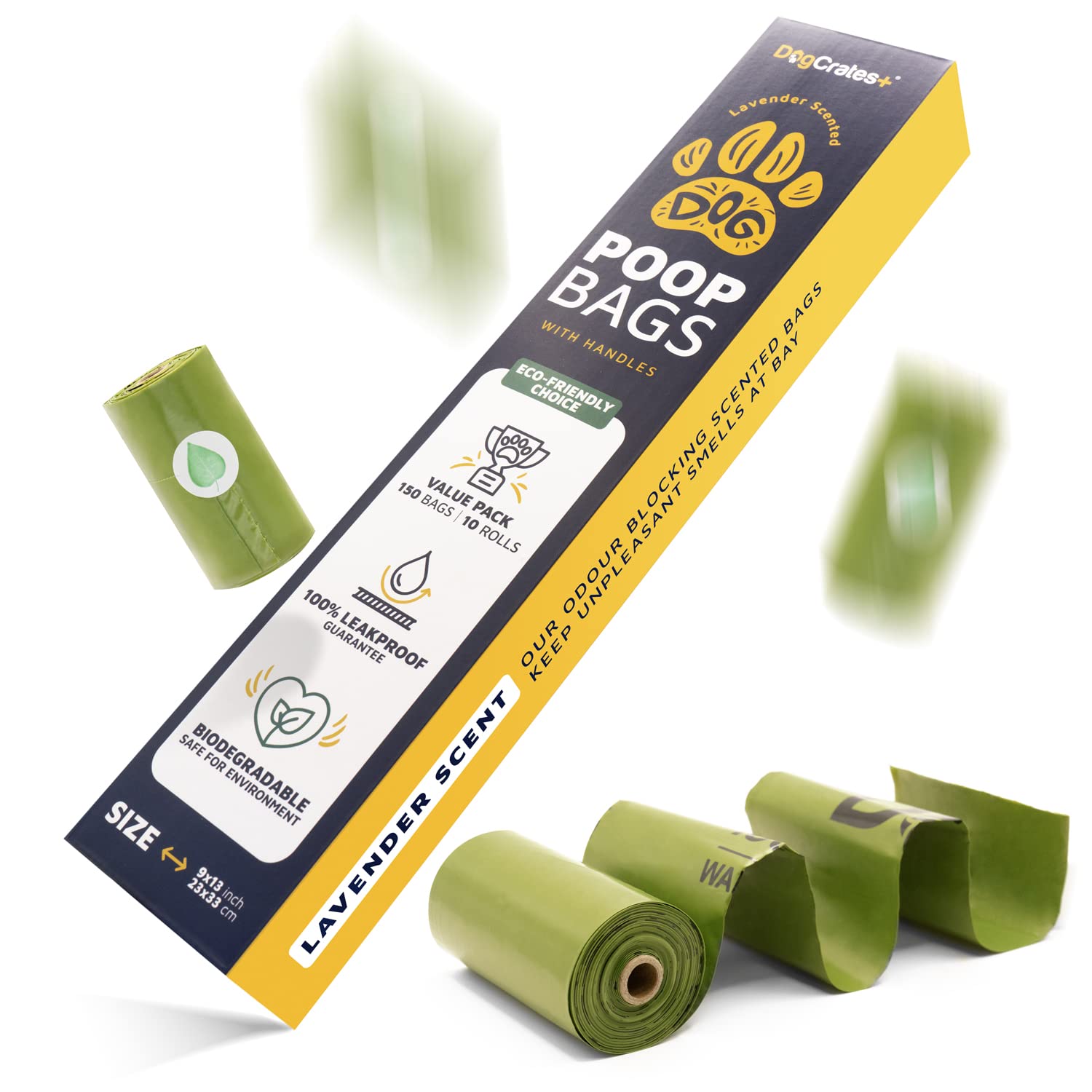 DogCrates+ Dog Poo Bags - 150 Leak Proof and Extra Thick Biodegradable Eco Poop Bags with Tie Handles, 15 Bags on a Roll, 10 Dispenser Refills, Strong Waste Bags, Lavender Scented