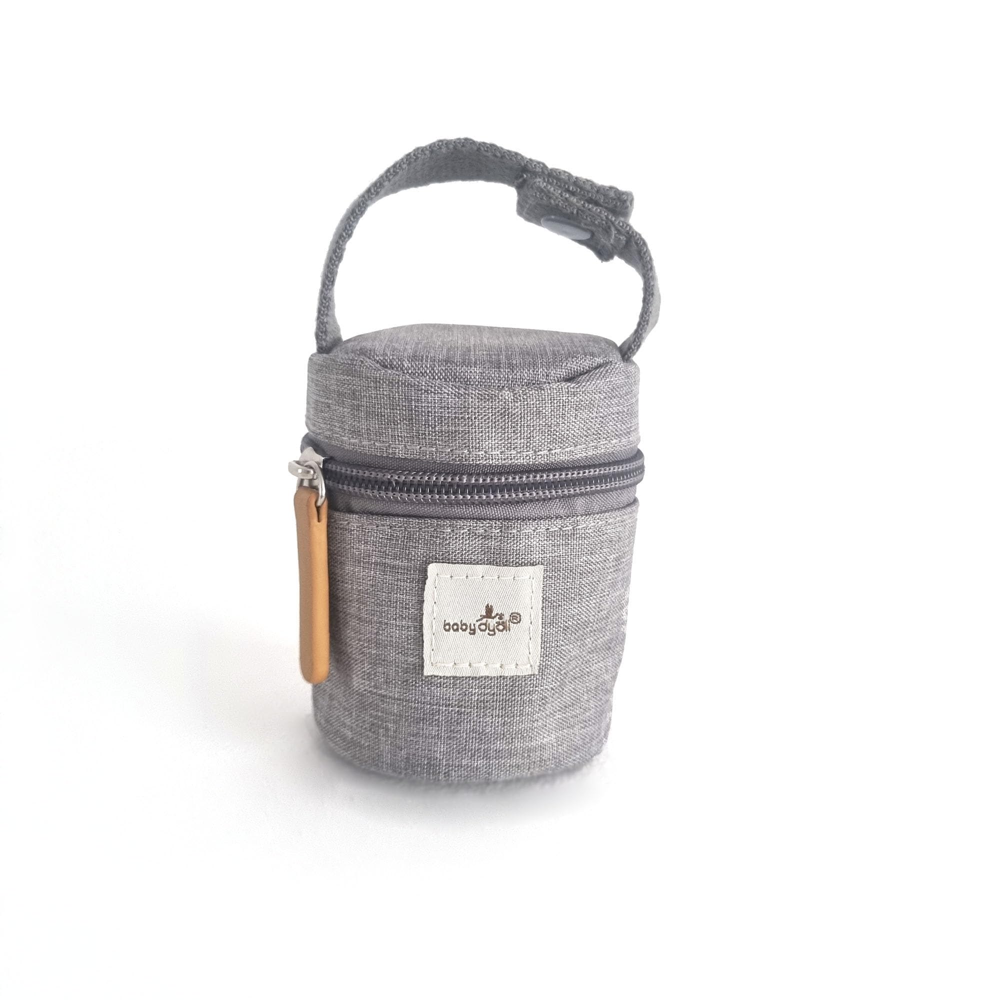 Baby Dyoli Grey pacifier holder. Case holds pacifiers and bottle nipples. Hand handle with clip to hang on the pram or changing bag.