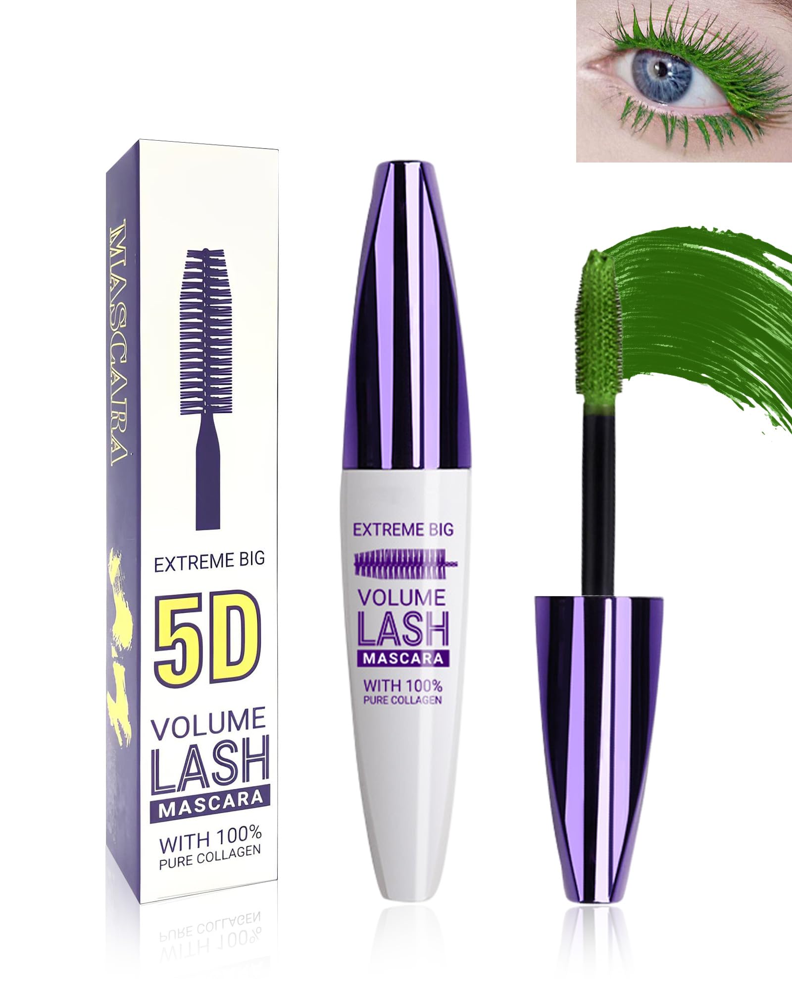 5D Waterproof Mascara Green for Eyelashes, Long Lasting Smudge-proof Telescopic Mascara with Brush, Volumizing Lengthening Curling Thick Eye Lashes,Cosplay Halloween Stage Eye Makeup for Women — image 1