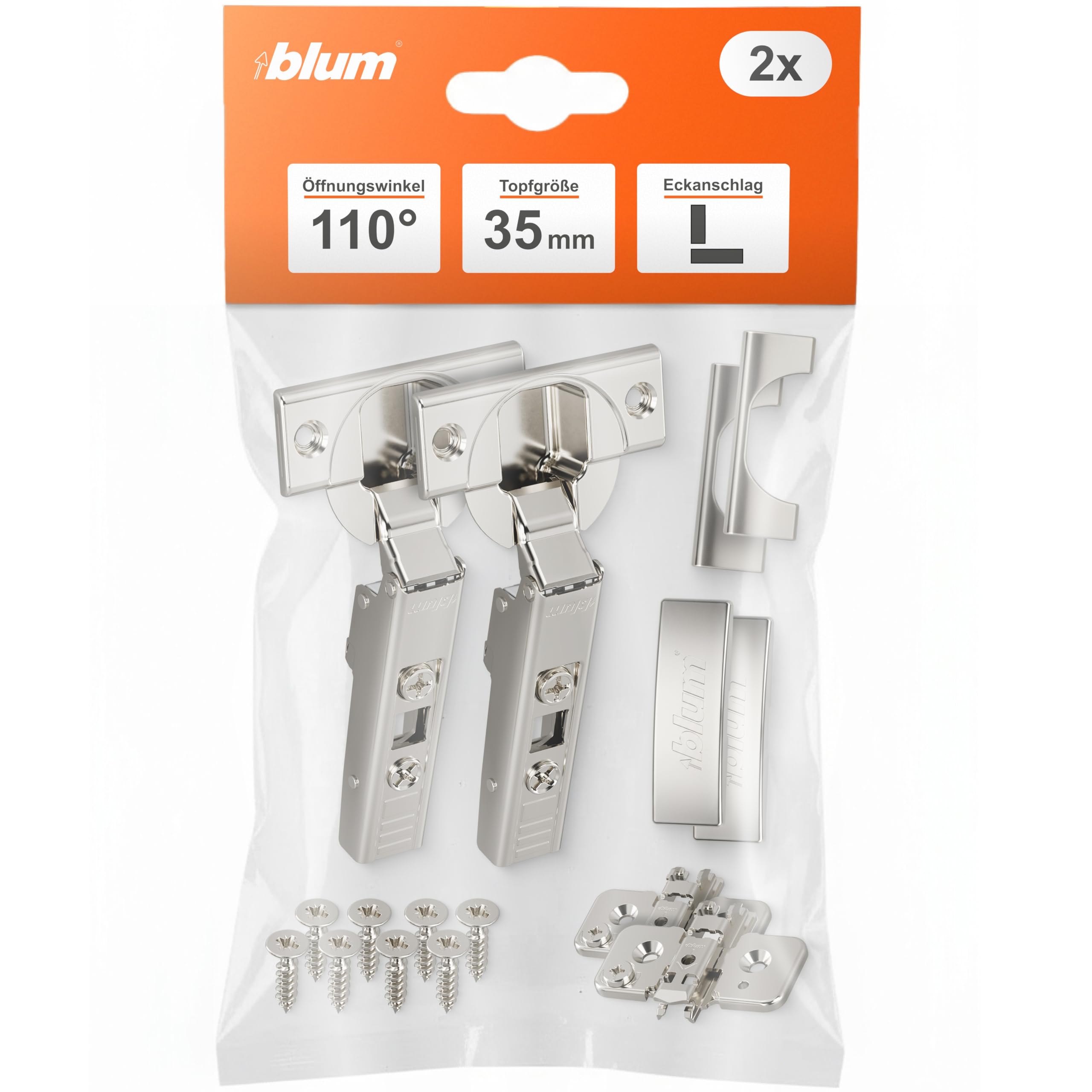 Blum Clip Top Furniture Hinge 110° Straight with Spring Corner Stop + Blum Clip Eccentric Cross Mounting Plate Steel Screw Variant Distance 0 mm Pot Hinge Diameter 35 mm Pack of 2