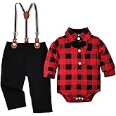 DOMOABEI Baby Boy Clothes Gentleman Outfits Infant Bodysuit Long Sleeve Shirt with Bowtie Suspender Pants Suits Set 0-18M