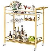Bar Cart,Home Bar Serving Cart with Storage Shelves, 2 Tier Rolling Beverage Cart with Wheels, Modern Flowing Gold Wine Cart 